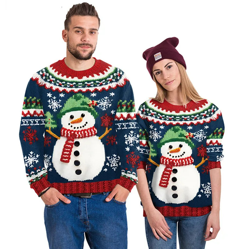 Pulls de Noel Couple avec Bonhomme de Neige en Relief