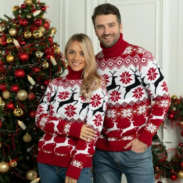 Pull de Noël Couple avec Rennes et Étoiles