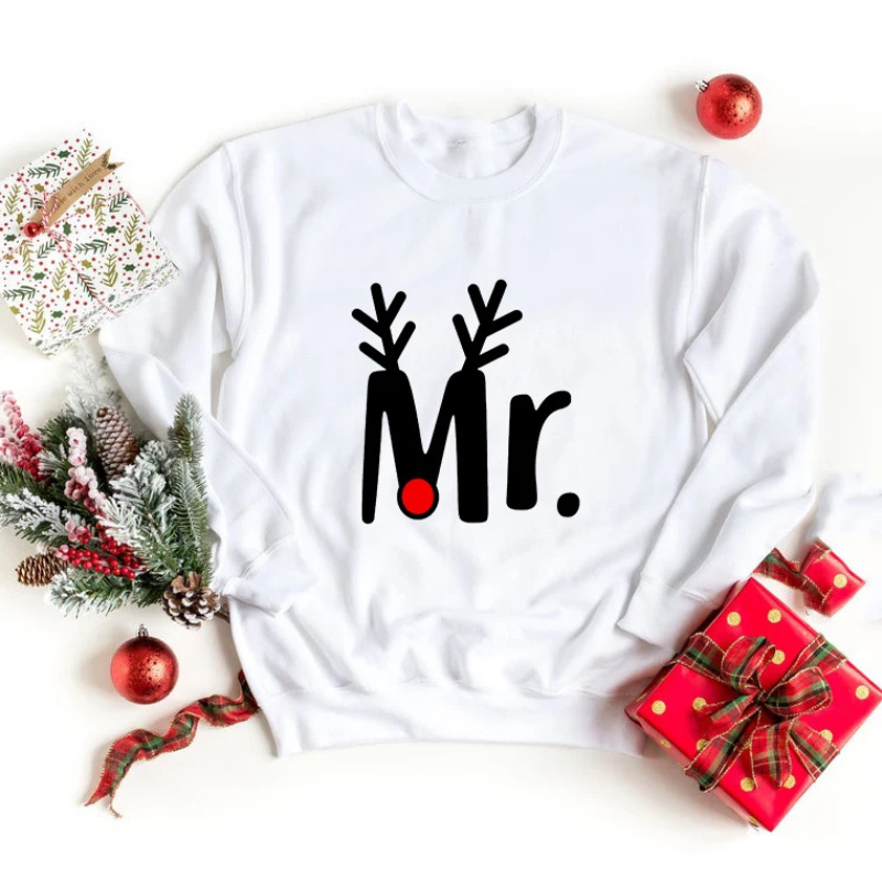 Pull de Noel Couple Mr. et Mrs. Motif Renne