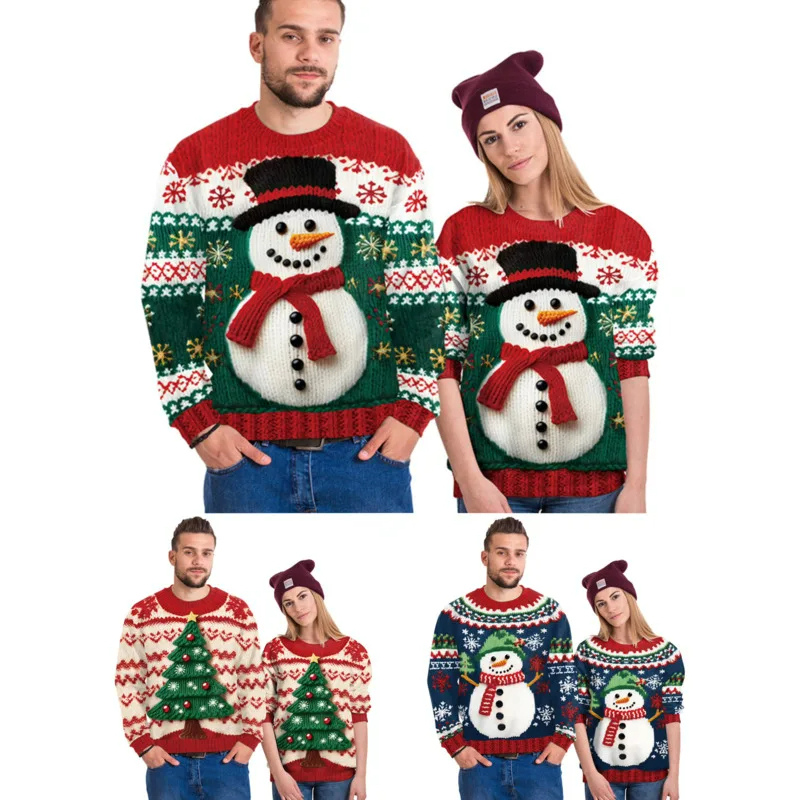 Pulls de Noel Couple avec Bonhomme de Neige en Relief