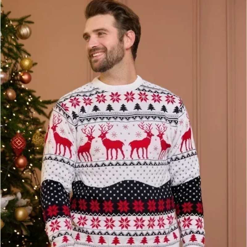 Pull de Noel Couple Motif Renne Rouge et Blanc