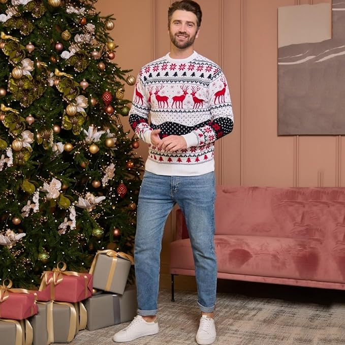 Pull de Noel Homme Motifs Rennes Blanc
