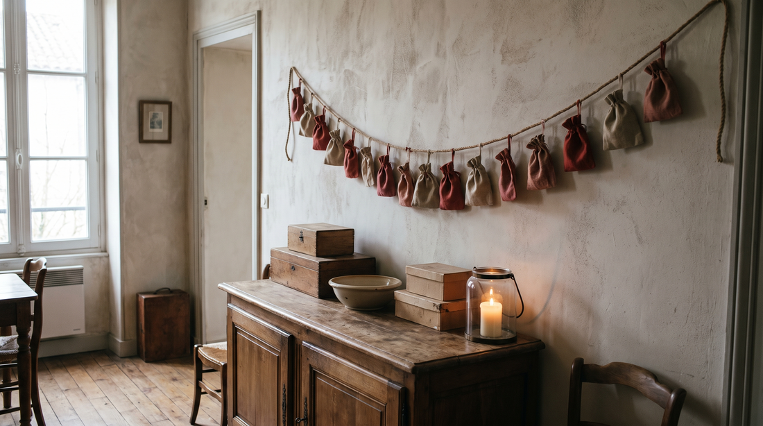 Guirlande de petits pochons en tissu rouge et beige suspendus à une corde tendue le long d'un mur de salon, au-dessus d'un buffet en bois sur lequel sont posées quelques boîtes et une lanterne allumée.