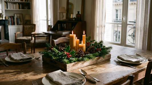Un centre de table de Noël posé sur un plateau en bois au milieu d'une table dressée, avec trois bougies de hauteurs différentes entourées de branchages verts, de baies rouges et de pommes de pin, dans la lumière chaude d'une fin de journée d'hiver.