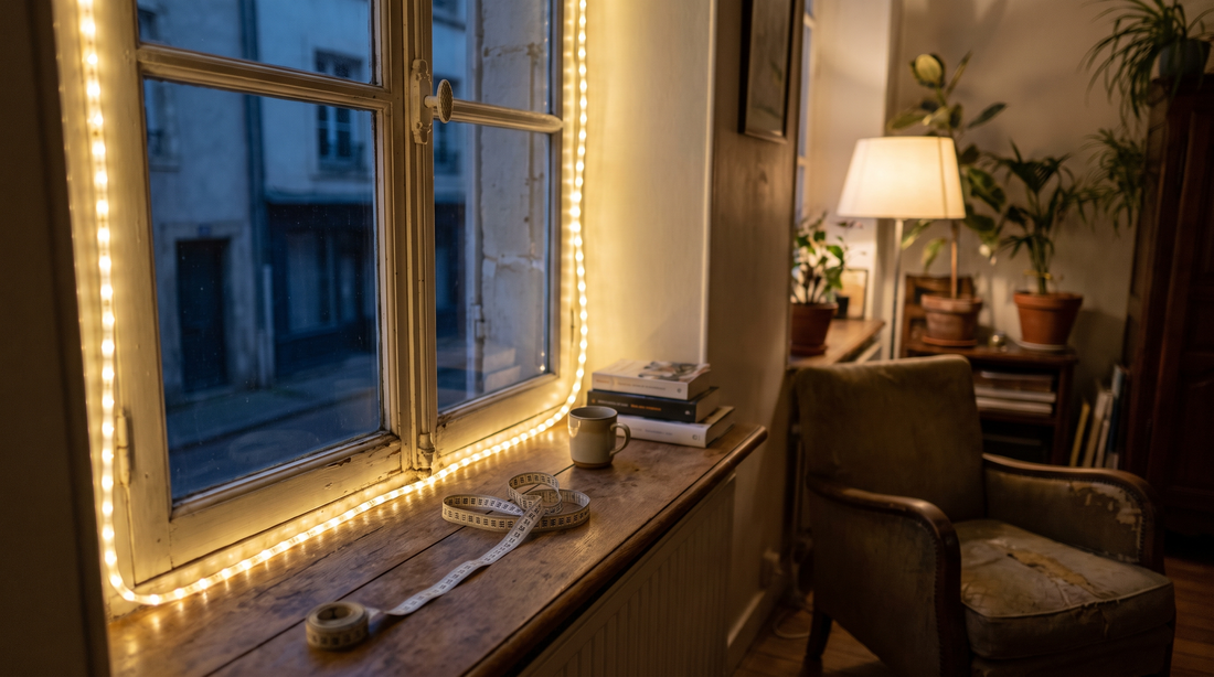 Un contour de fenetre souligne par une guirlande lumineuse blanche sur la facade d'une maison au crepuscule, avec un metre ruban deroule pose sur le rebord.