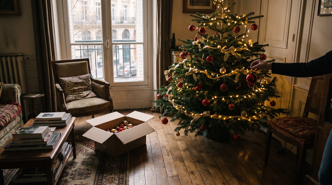 Un salon en fin de journée avec un sapin décoré en rouge et doré dont la guirlande lumineuse est allumée, un carton de boules ouvert au sol et une main qui accroche une boule à mi-branche.