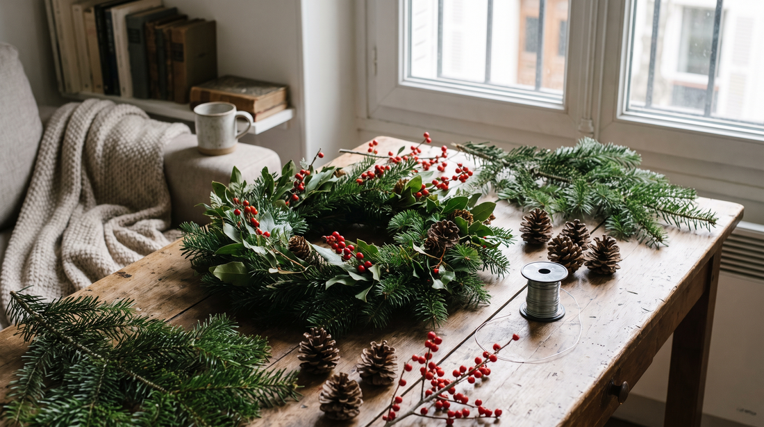 Une couronne de feuillage en cours d'assemblage posée sur une table en bois, entourée de brins de sapin coupés, de pommes de pin, de baies rouges et d'une bobine de fil de fer, dans un salon éclairé par la lumière du jour.