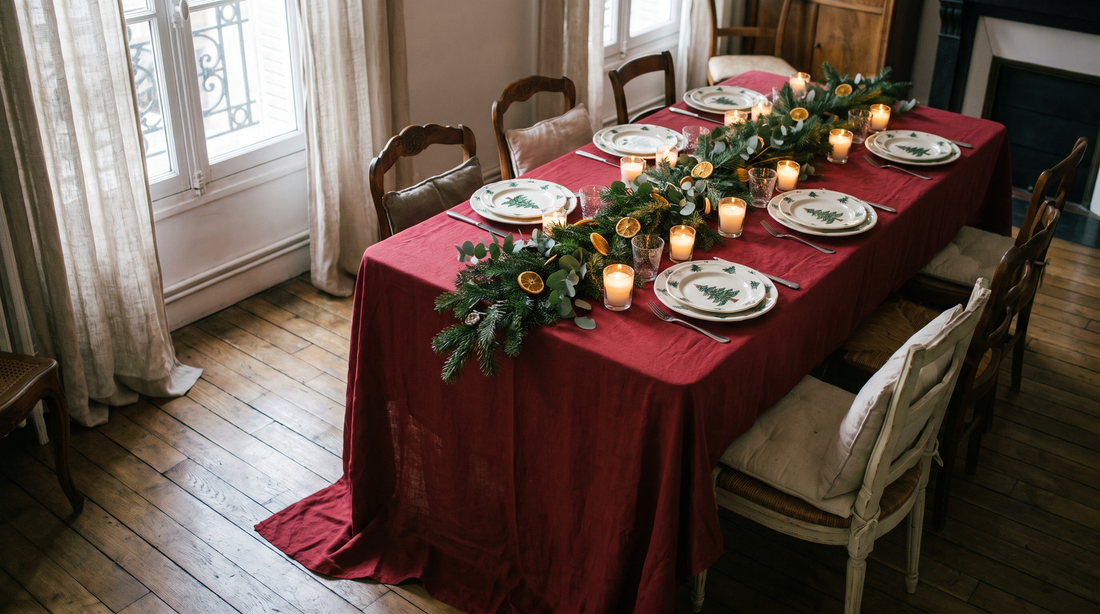 Table de fête dressée dans un salon, nappe rouge à retombée large, assiettes à motifs de sapin, guirlande de feuillage basse posée au centre et bougies allumées dans des photophores en verre.