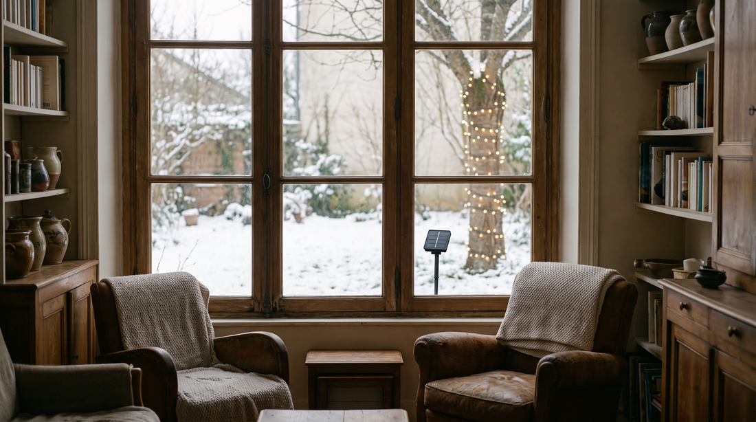 Une guirlande lumineuse blanche enroulée autour du tronc d'un arbre dans un jardin sous la neige à la tombée du jour, avec son petit panneau solaire planté dans le sol au premier plan.