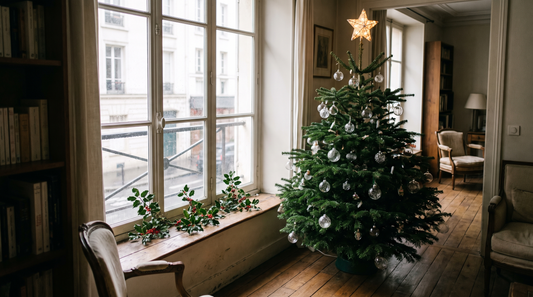 Un sapin décoré près d'une fenêtre dans un salon, boules de verre suspendues aux branches, étoile lumineuse au sommet et branches de houx à baies rouges posées sur le rebord.