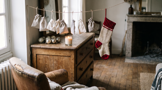 Des pochons de tissu suspendus à une cordelette au-dessus d'une commode en bois, une chaussette de Noël accrochée à côté, une bougie allumée et quelques boules de sapin posées à plat dans la lumière chaude d'un salon.