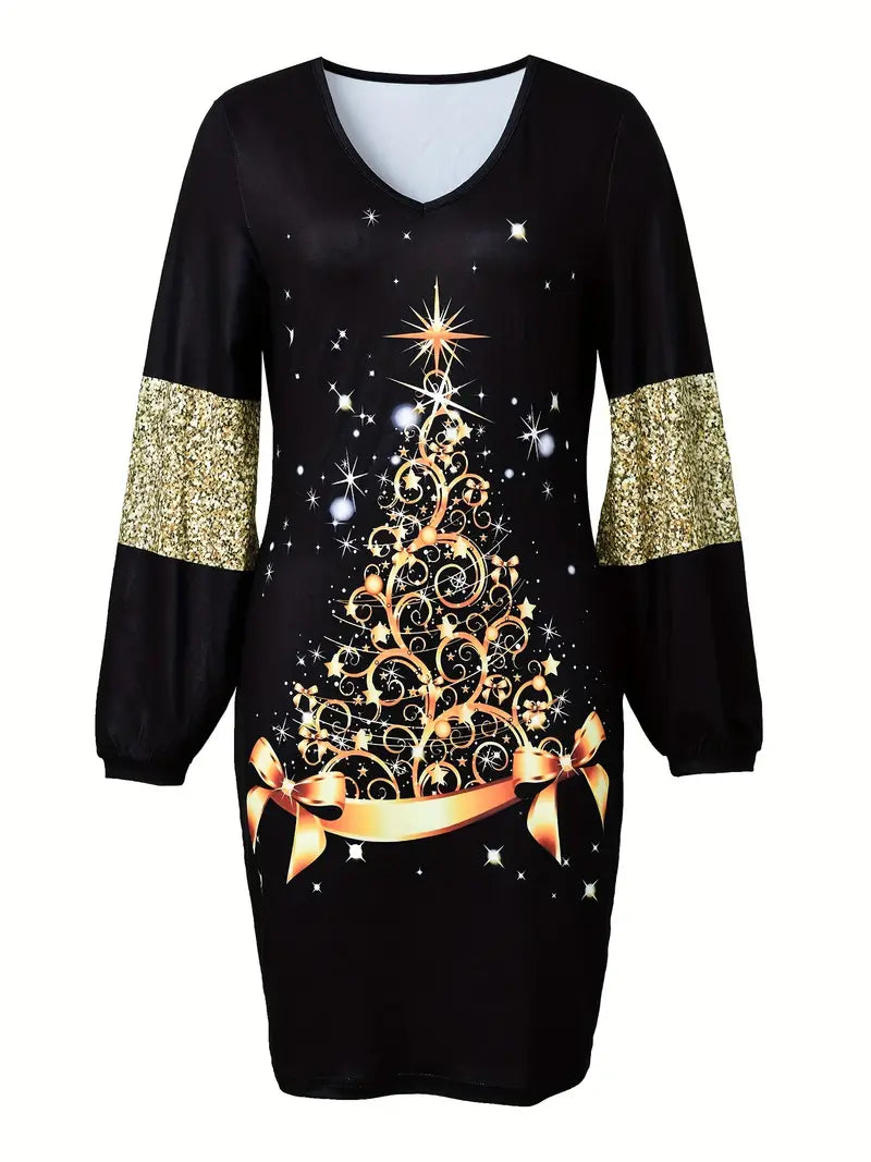 Robe de Noel Élégante avec Manches Pailletées