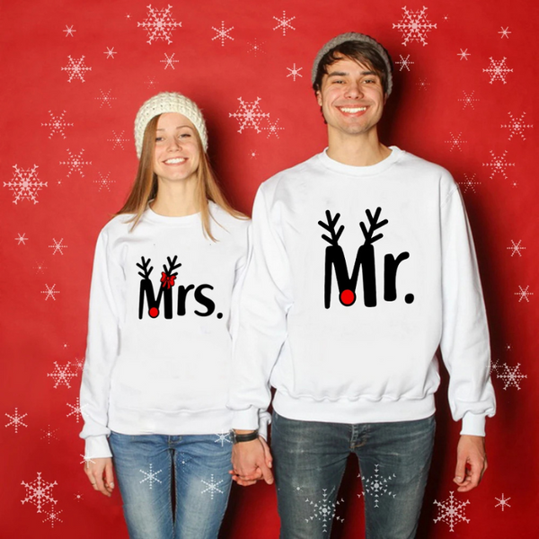 Pull de Noël Couple Mr. et Mrs. Motif Renne