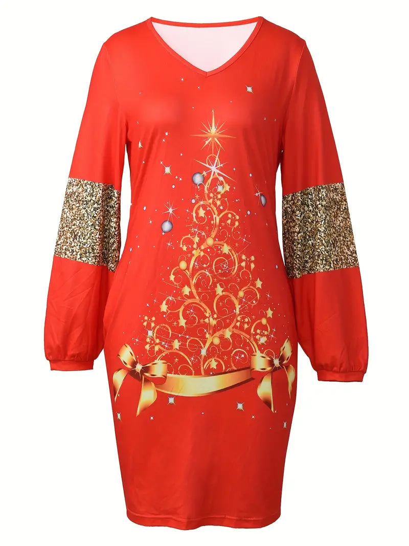 Robe de Noel Élégante avec Manches Pailletées