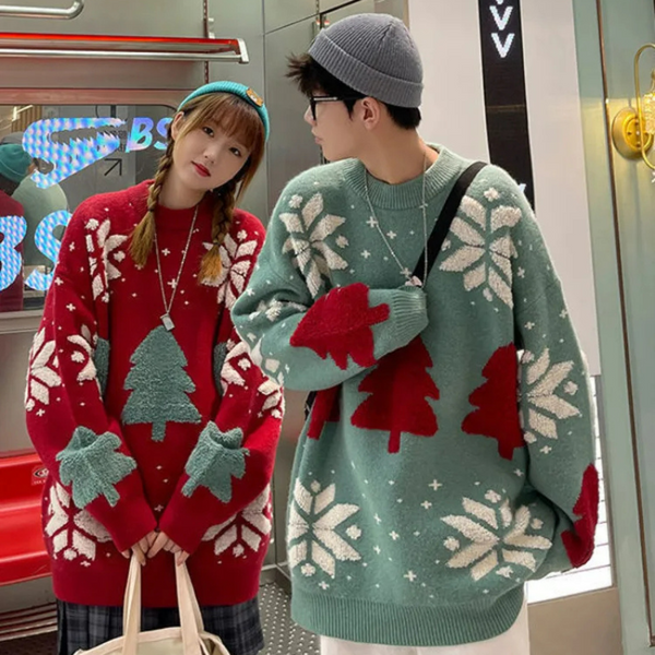 Pull de Noël Couple Oversize Rouge et Vert