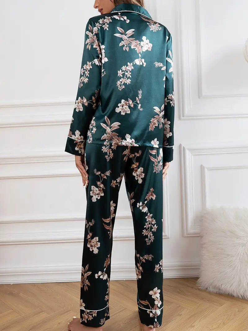 Ensemble Pyjama en Soie Motifs Fleurs Noel Femme