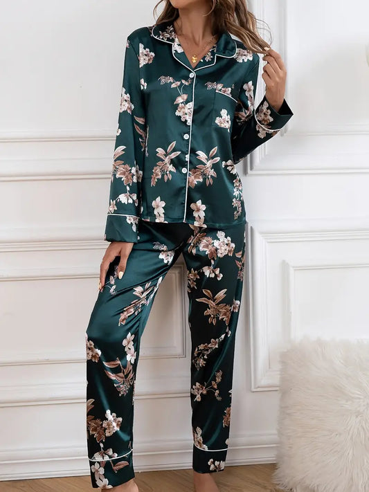 Ensemble Pyjama en Soie Motifs Fleurs Noel Femme