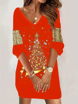 Robe de Noël Élégante avec Manches Pailletées