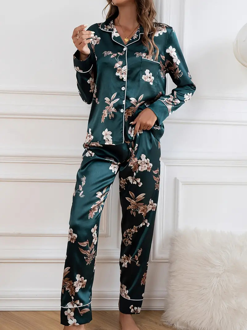 Ensemble Pyjama en Soie Motifs Fleurs Noel Femme