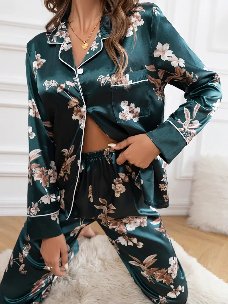 Ensemble Pyjama en Soie Motifs Fleurs Noel Femme